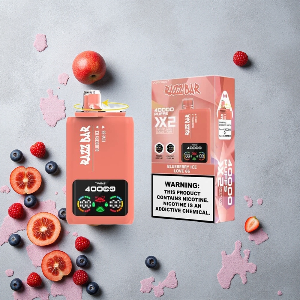 Razz Bar 40000 Puffs Vape Disposable Bleuet Glacé_Love 66 avec Écran d'Alimentation et Batterie 650 Mah Port Type-C