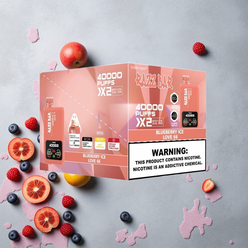 Razz Bar 40000 Puffs Vape Disposable Bleuet Glacé_Love 66 avec Écran d'Alimentation et Batterie 650 Mah Port Type-C