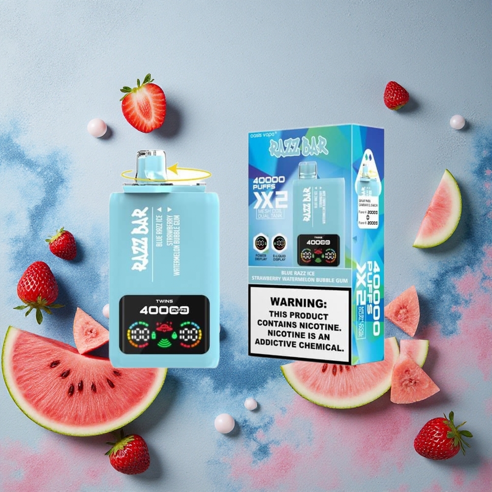 Razz Bar 40000 Puffs Vape Jetable Bleu Framboise Glacée-Fraise Pastèque Chewing-Gum Bulle avec Écran d'Alimentation et Batterie 650 Mah Port Type-C