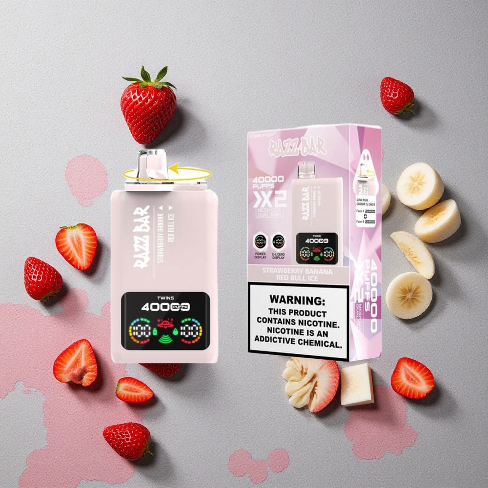 Razz Bar 40000 Puffs Vape Jetable Fraise Banane_Red Bull Glacé et Écran d'Alimentation