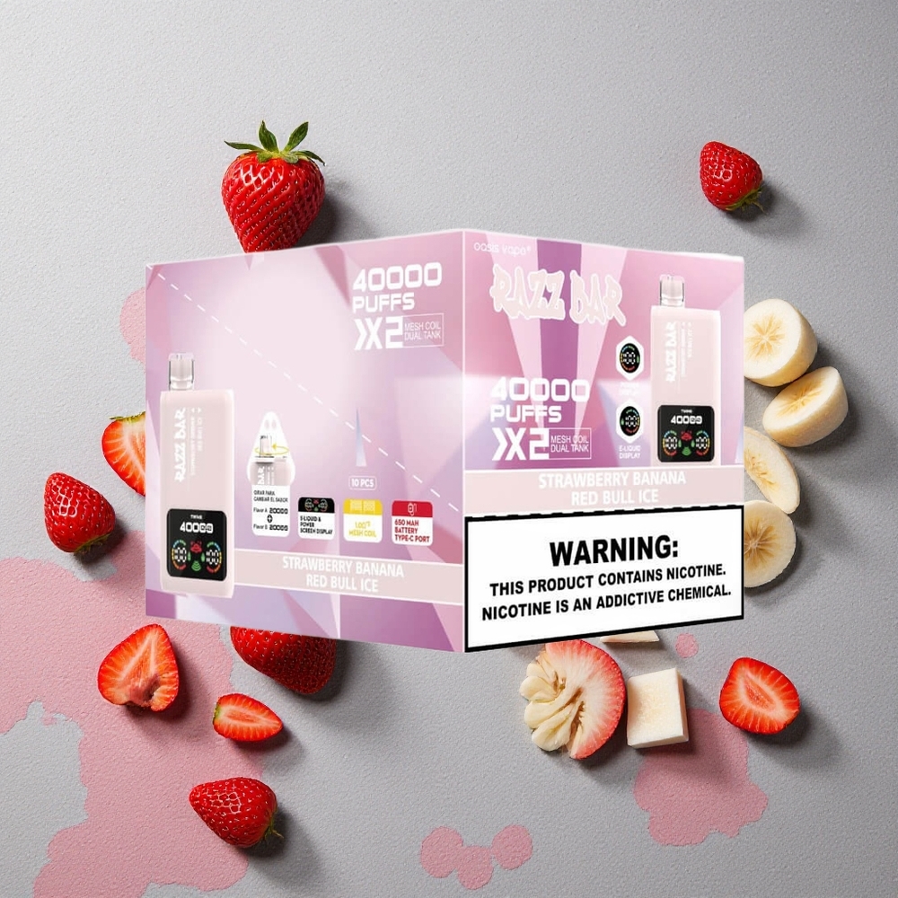 Razz Bar 40000 Puffs Vape Jetable Fraise Banane_Red Bull Glacé et Écran d'Alimentation