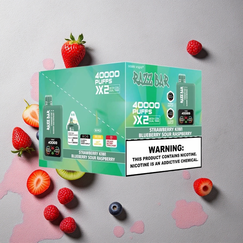 Razz Bar 40000 Puffs Vape Jetable Fraise Kiwi_Myrtille Framboise Acidulée Écran d'Alimentation Port Type-C