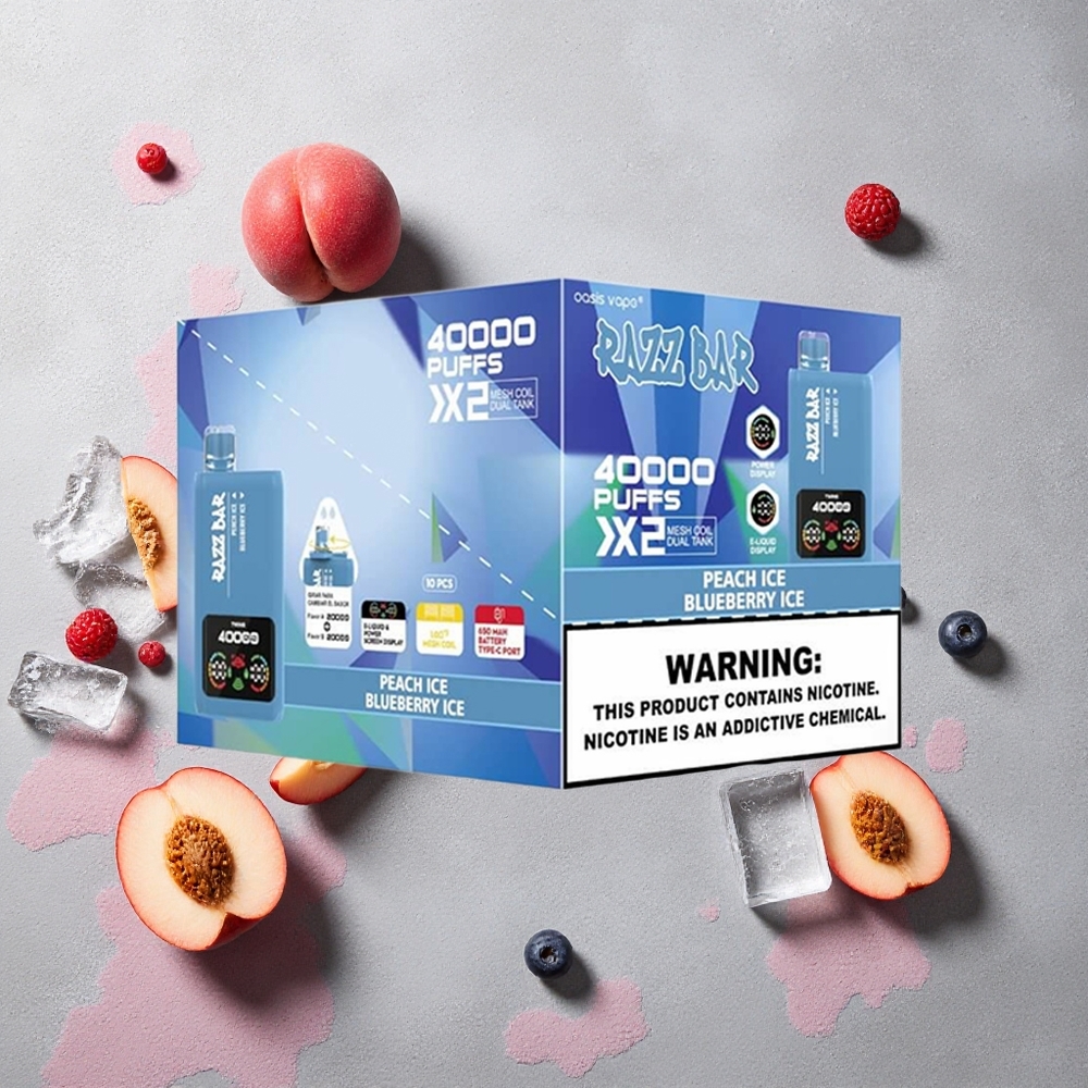 Razz Bar 40000 Puffs Vape Jetable Pêche Glacée_Myrtille Glacée Écran d'Alimentation Batterie 650 Mah