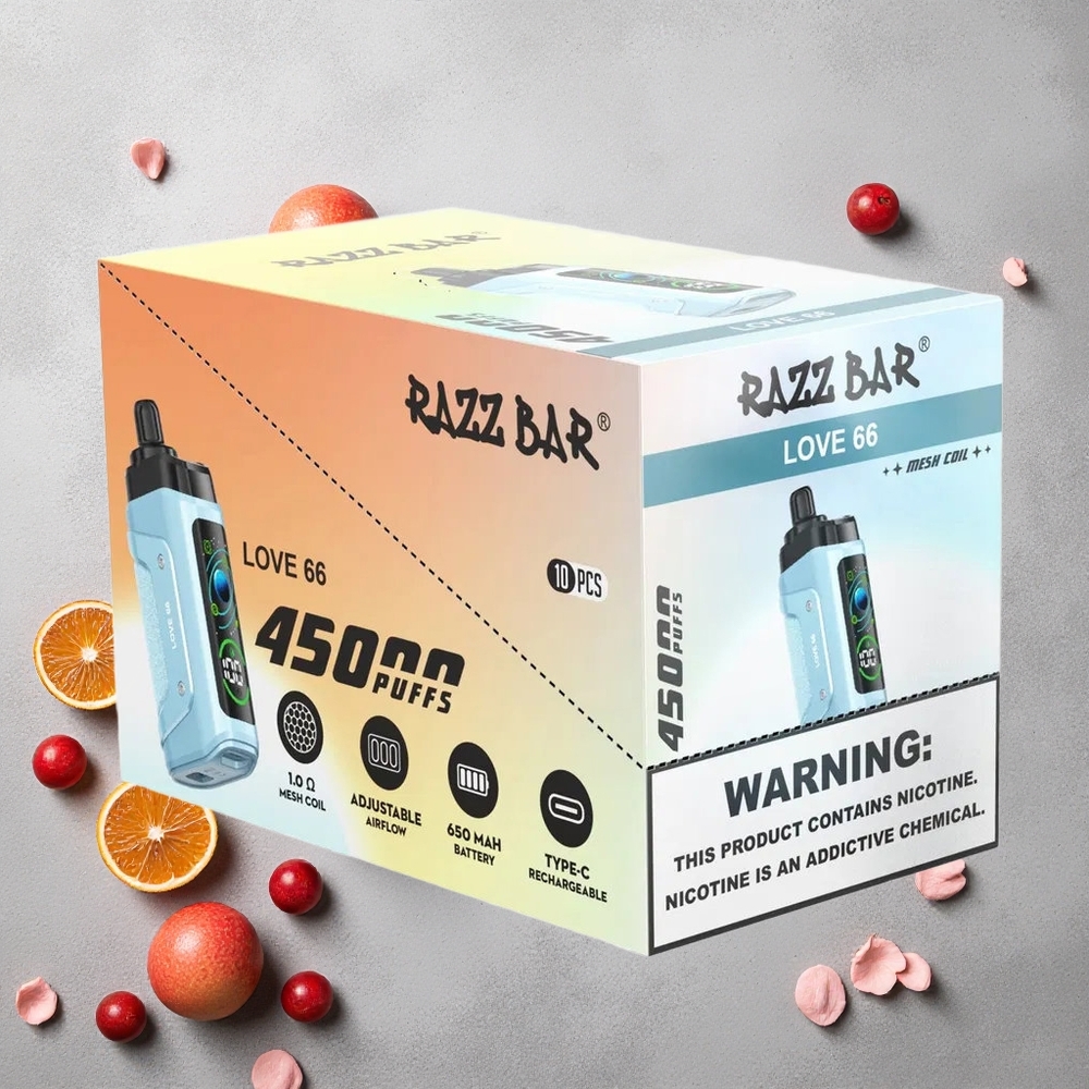 Razz Bar 45000 Puffs Love 66 E-Cigarette Jetable Arôme Fraise avec Bobine Mesh 1.0 Ohm et Airflow Réglable
