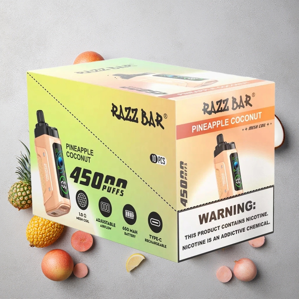 Razz Bar 45000 Puffs Vape Jetable Ananas Noix de Coco avec Bobine Mesh 1.0 Ohm et Rechargeable Type-C