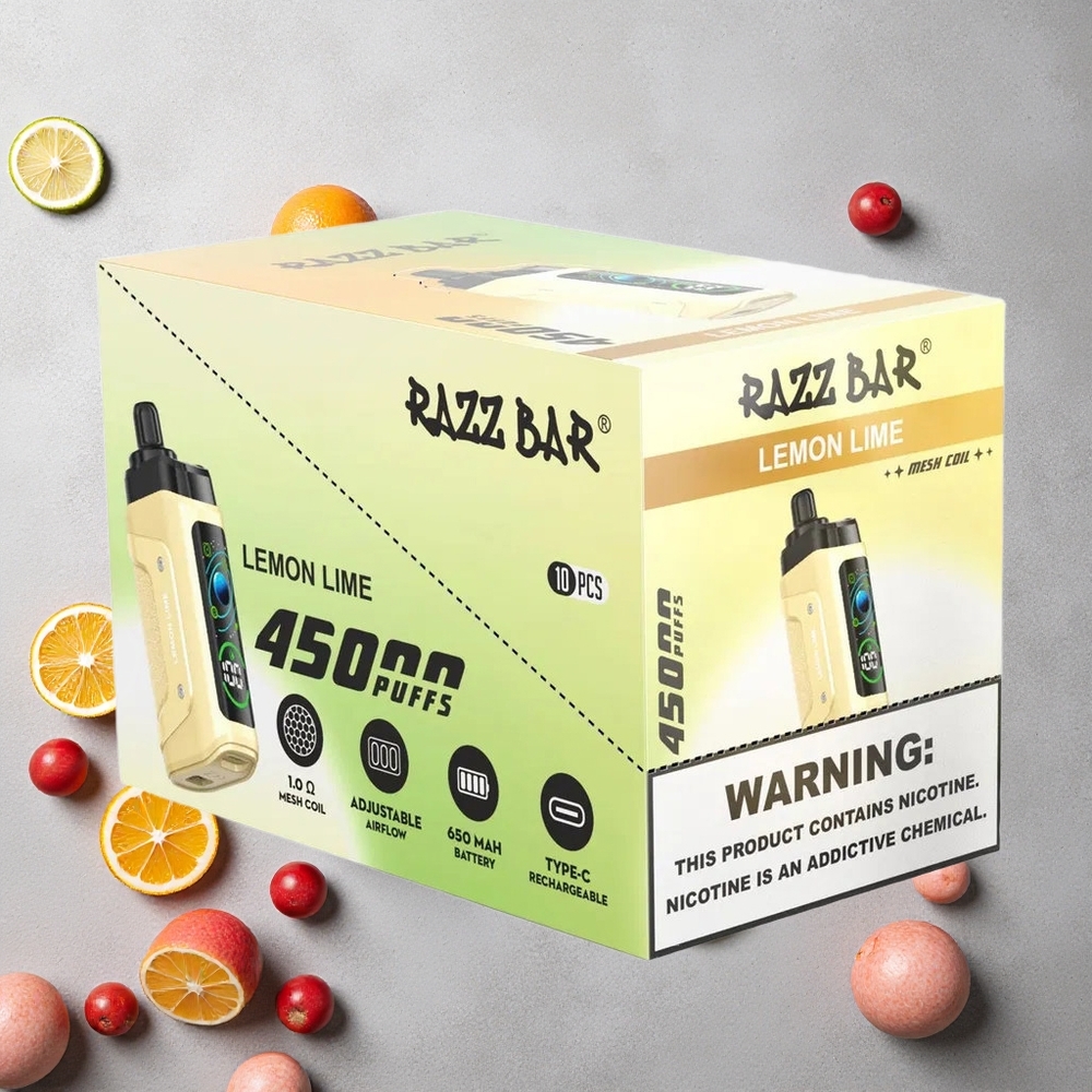 Razz Bar 45000 Puffs Vape Jetable Citron Vert et Framboise avec Bobine Mesh 1.0 Ohm et Flux d'Air Réglable