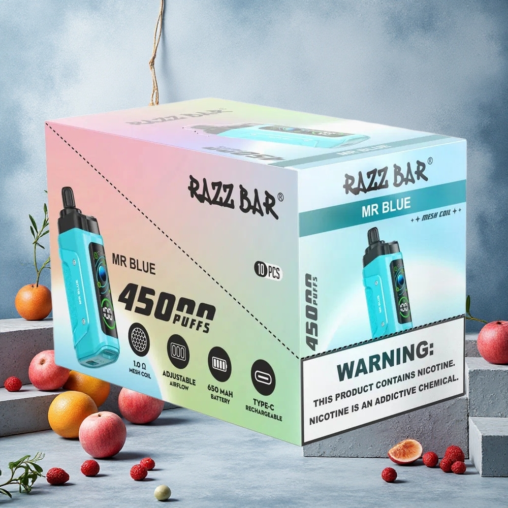 Razz Bar 45000 Puffs Vape Jetable Mr Bleu avec Bobine Mesh 1,0 Ohm et Flux d'Air Réglable