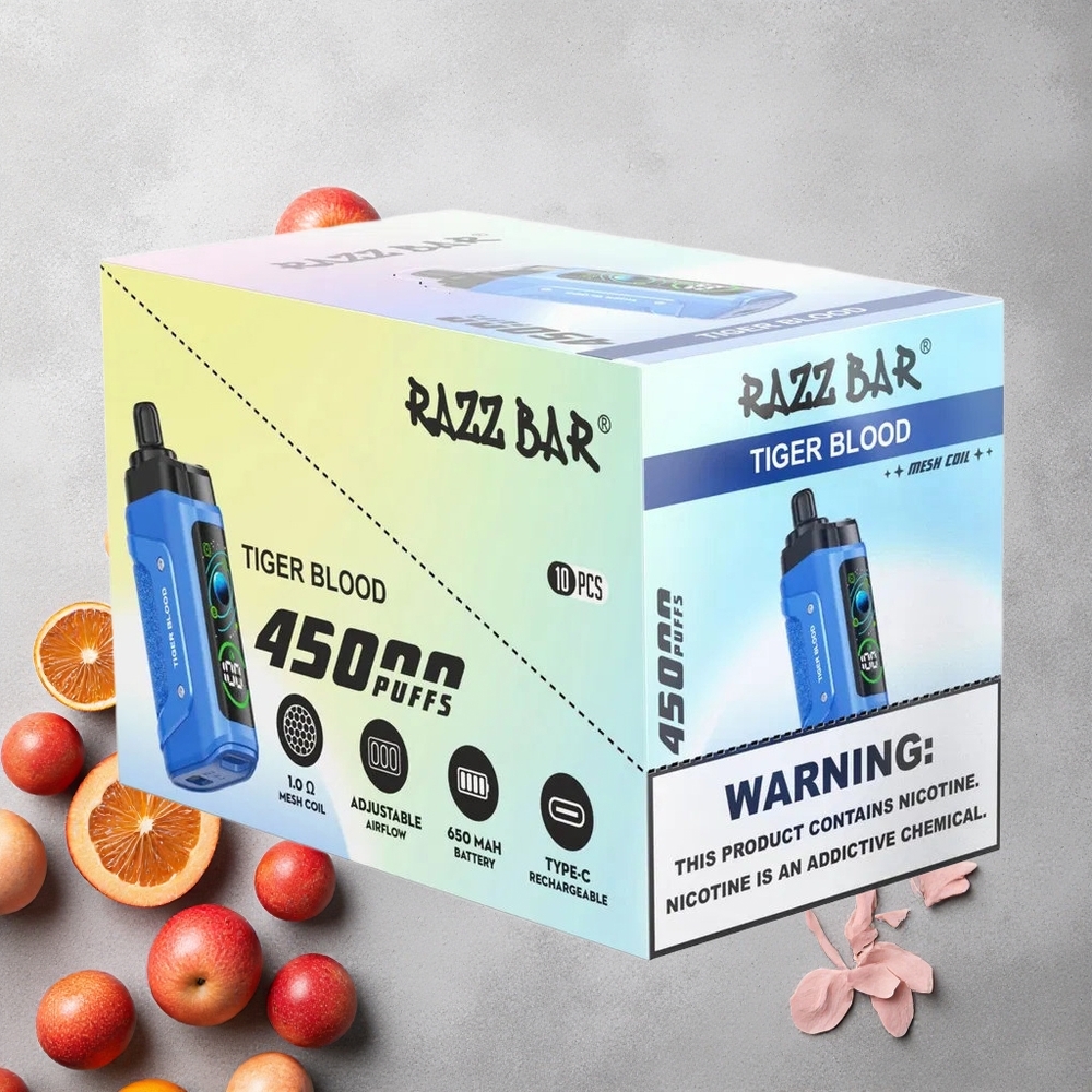Razz Bar 45000 Puffs Vape Jetable Sang de Tigre et Framboise avec Bobine Mesh 1,0 Ohm et Batterie 650 Mah Rechargeable Type-C