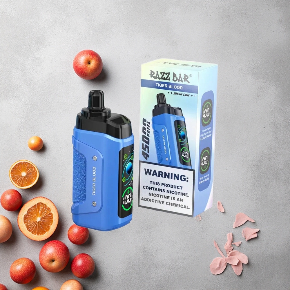 Razz Bar 45000 Puffs Vape Jetable Sang de Tigre et Framboise avec Bobine Mesh 1,0 Ohm et Batterie 650 Mah Rechargeable Type-C