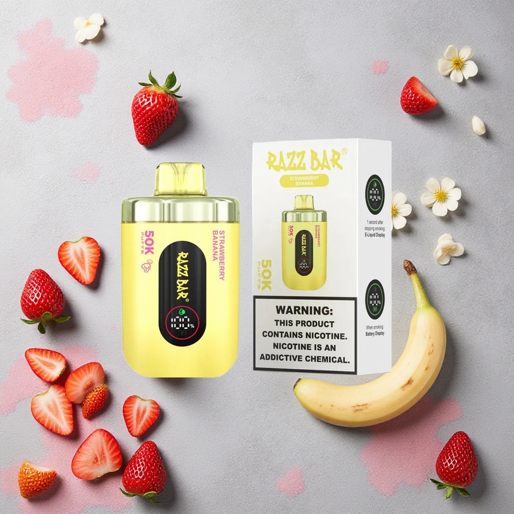 Razz Bar 50K Puffs Vape Jetable Fraise Banane Rechargeable Type-C 2% Nicotine