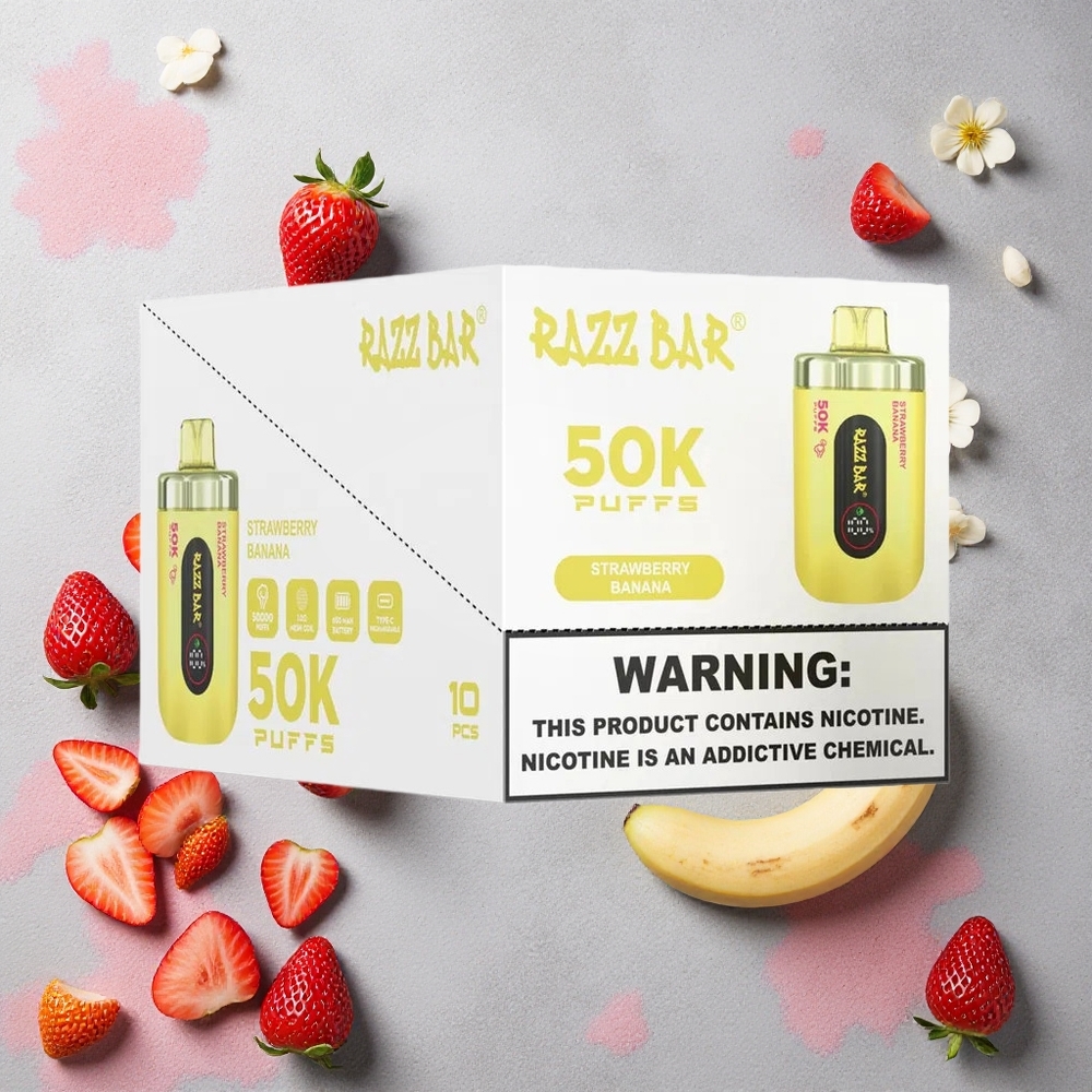 Razz Bar 50K Puffs Vape Jetable Fraise Banane Rechargeable Type-C 2% Nicotine