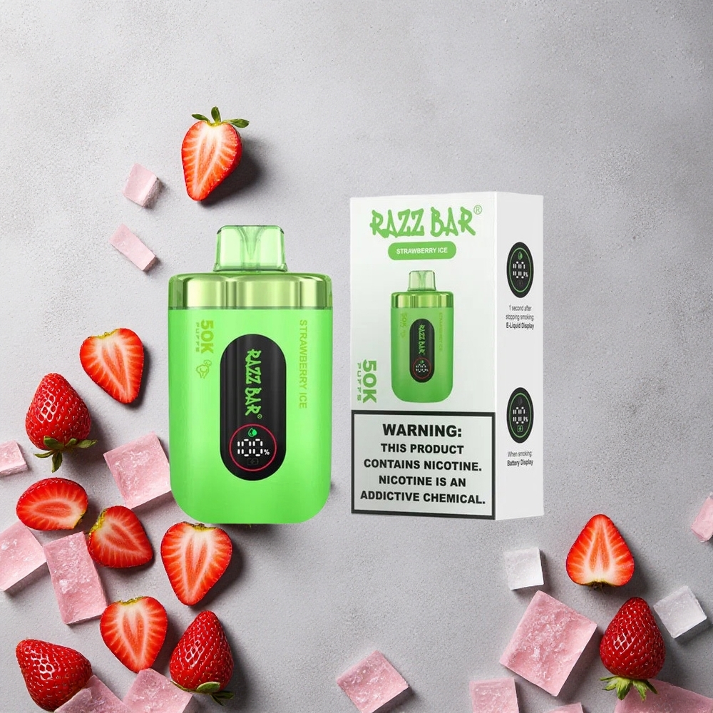 Razz Bar 50K Puffs Vape Jetable Fraise Glacée avec Bobine Mesh 1.0 Ohm et Rechargeable Type-C