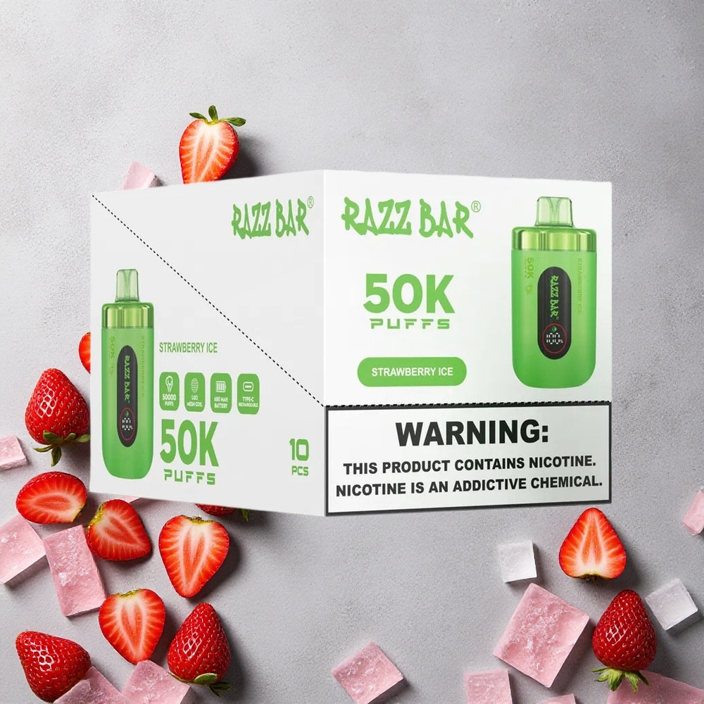 Razz Bar 50K Puffs Vape Jetable Fraise Glacée avec Bobine Mesh 1.0 Ohm et Rechargeable Type-C