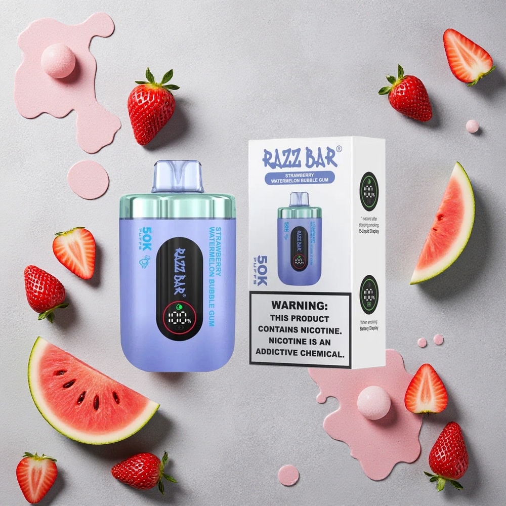 Razz Bar 50K Puffs Vape Jetable Fraise Pastèque Chewing-Gum Type-C Rechargeable