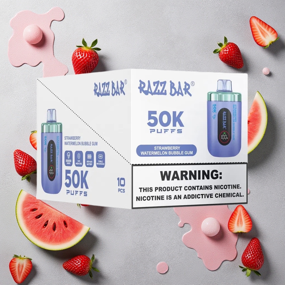 Razz Bar 50K Puffs Vape Jetable Fraise Pastèque Chewing-Gum Type-C Rechargeable