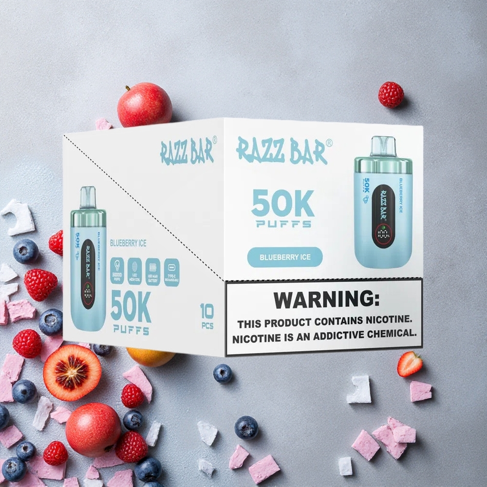 Razz Bar 50K Puffs Vape Jetable Glace Myrtille et Framboise avec Bobine Mesh 1.0 Ohm et Rechargeable Type-C
