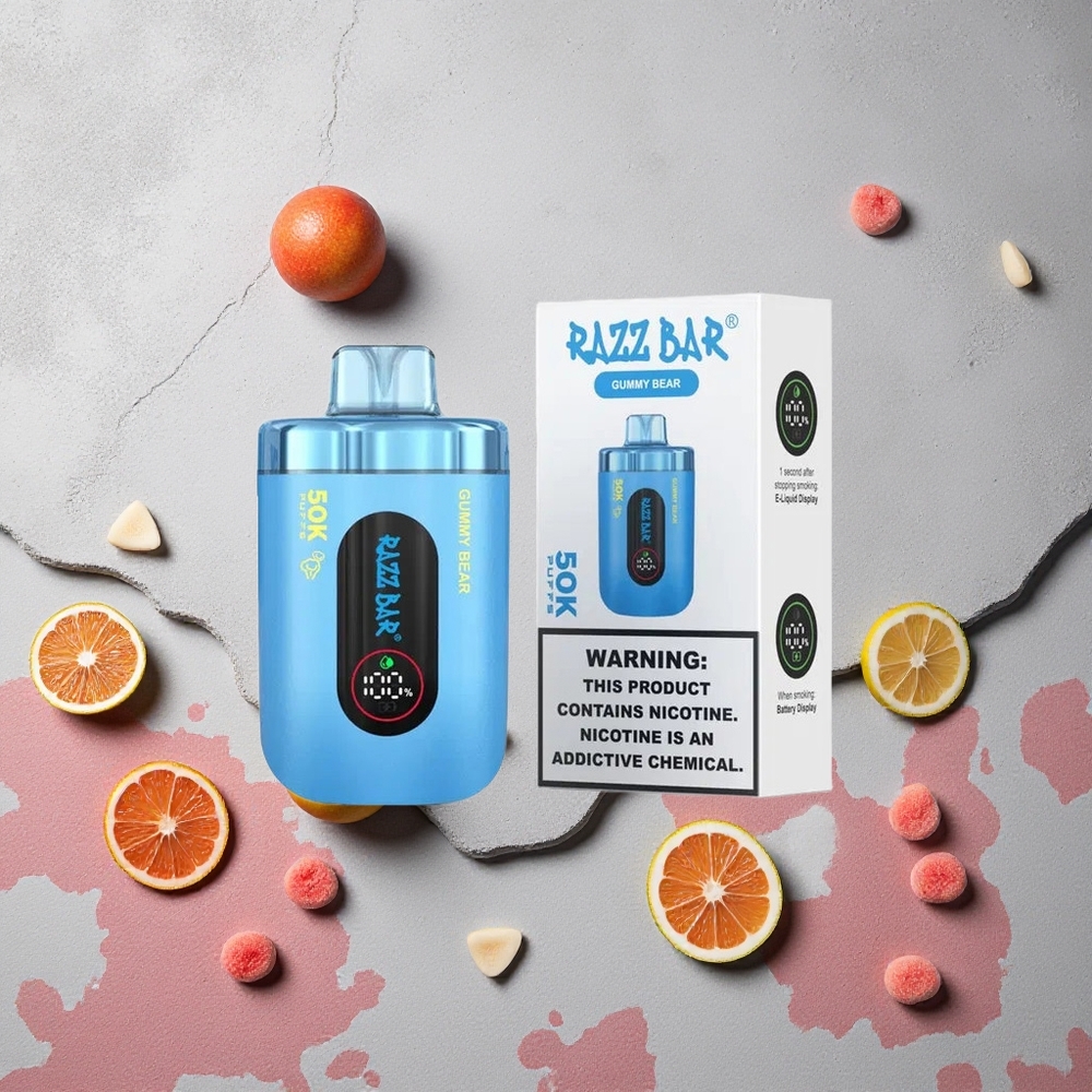 Razz Bar 50K Puffs Vape Jetable Gummy Bear à la Framboise Rechargeable Type-C 2% Nicotine