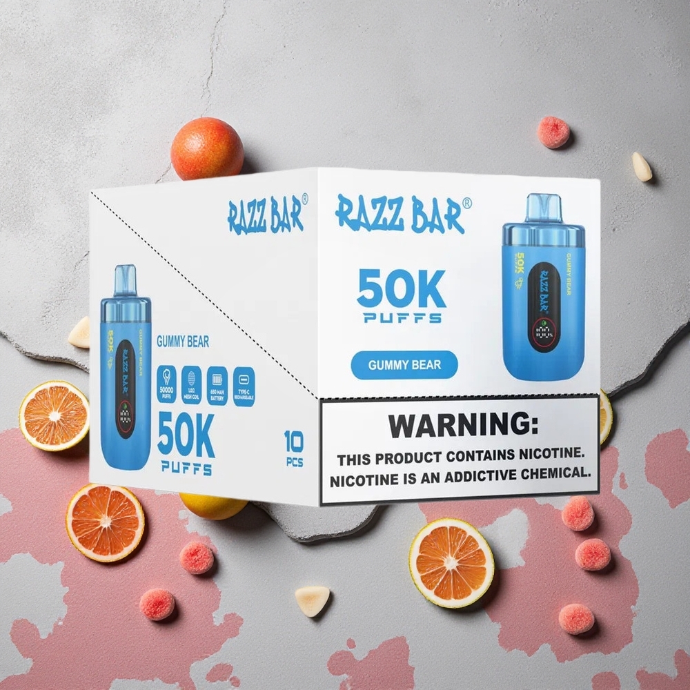 Razz Bar 50K Puffs Vape Jetable Gummy Bear à la Framboise Rechargeable Type-C 2% Nicotine