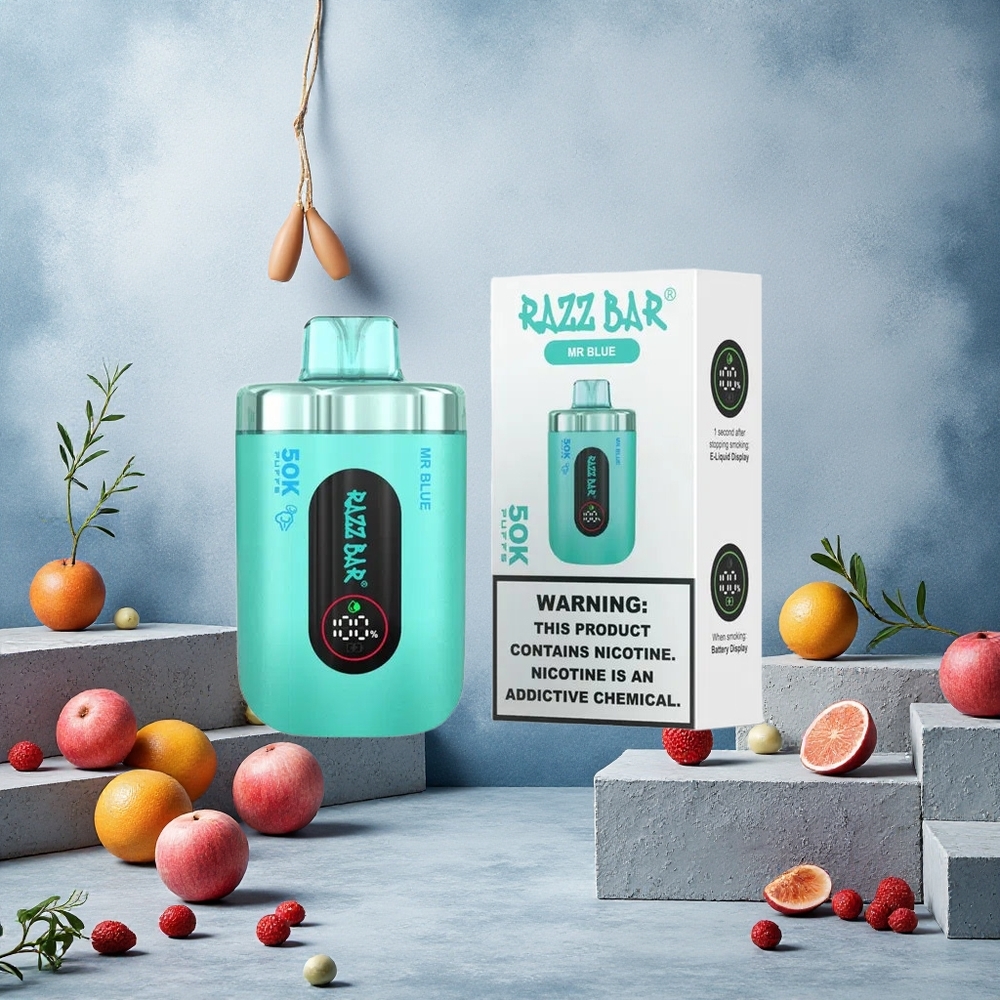 Razz Bar 50K Puffs Vape Jetable Mr Bleu avec Bobine Mesh 1.0 Ohm et Batterie 650 Mah Rechargeable Type-C