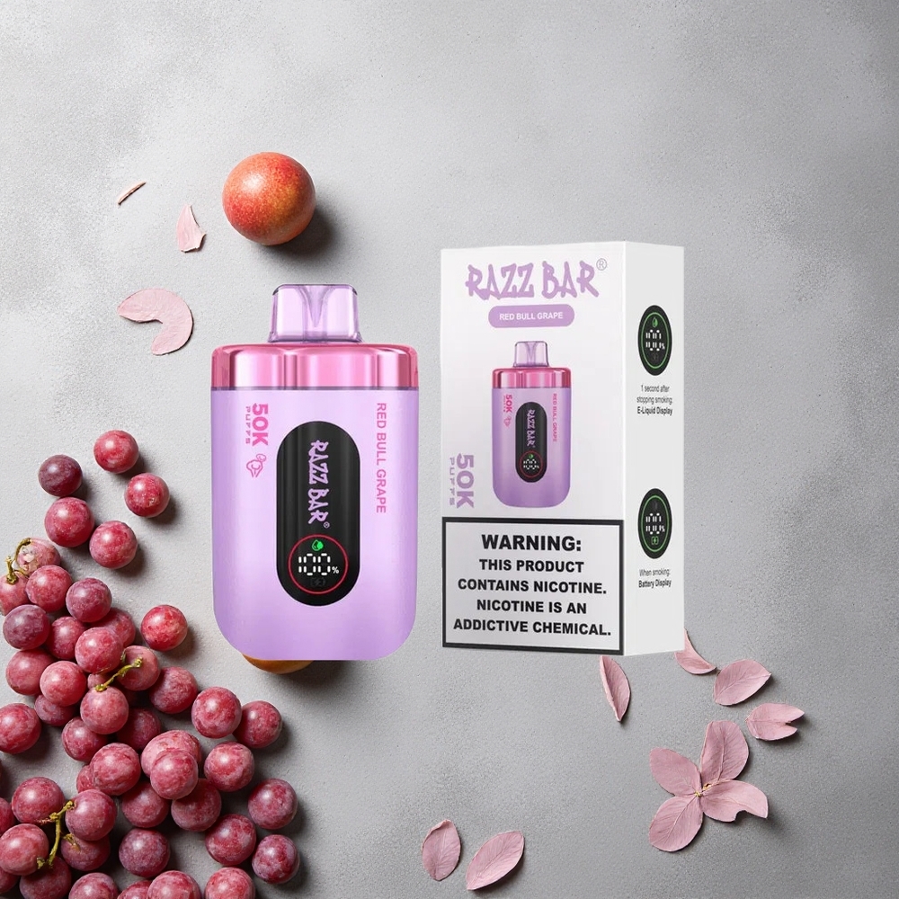 Razz Bar 50K Puffs Vape Jetable Red Bull Raisin et Framboise Rechargeable Type-C 2% Nicotine