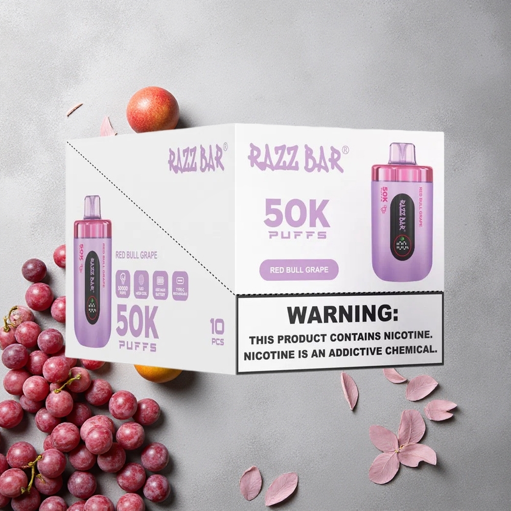 Razz Bar 50K Puffs Vape Jetable Red Bull Raisin et Framboise Rechargeable Type-C 2% Nicotine